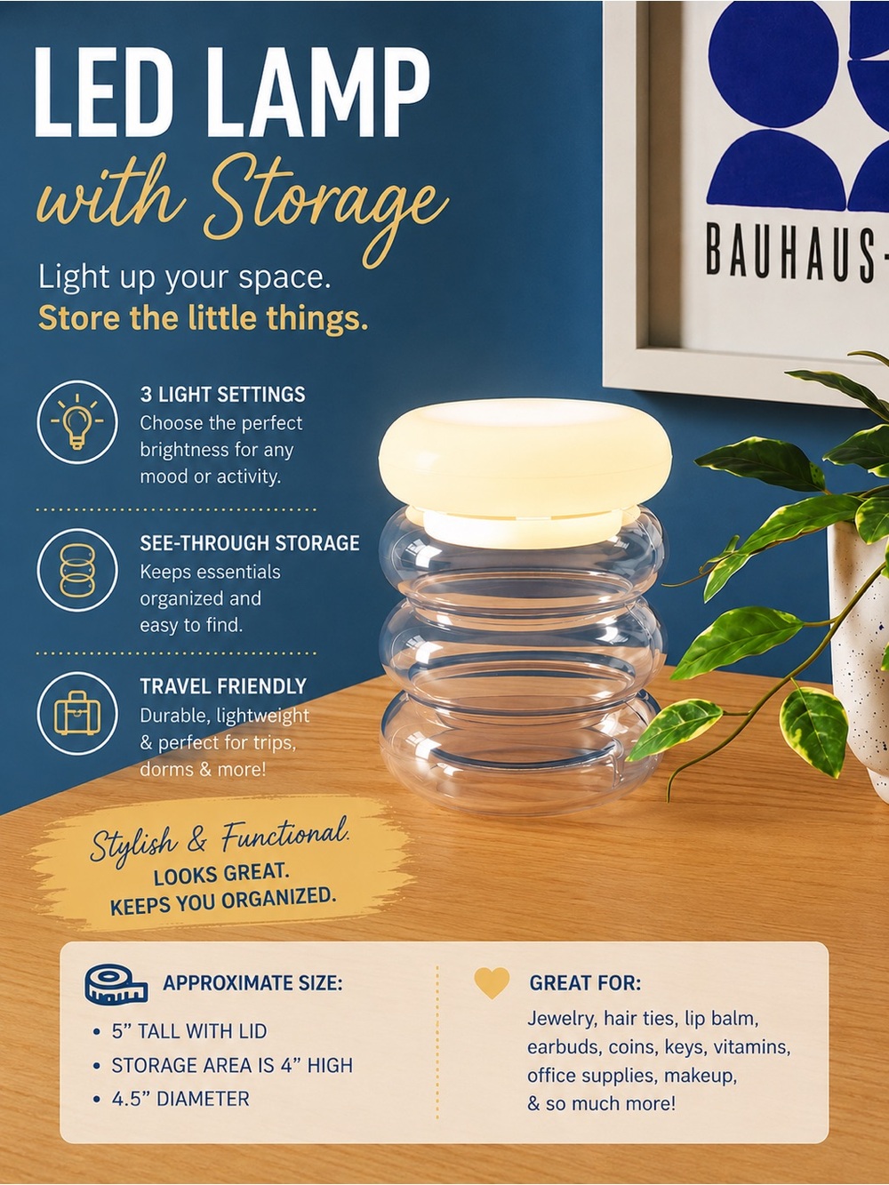 CLEAR Room Essentials LED Jewelry Storage Lamp 3 Settings - Rechargeable NWT